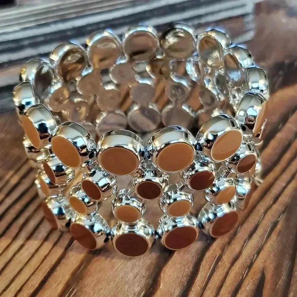 Mid Century Modern Style Wide Acrylic Stretch Bracelet Brown Silver